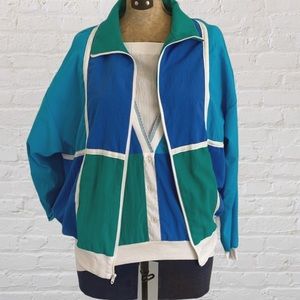 VINTAGE 80s Blue Green Color Block Windsuit Jacket Short Sleeve Top Set
